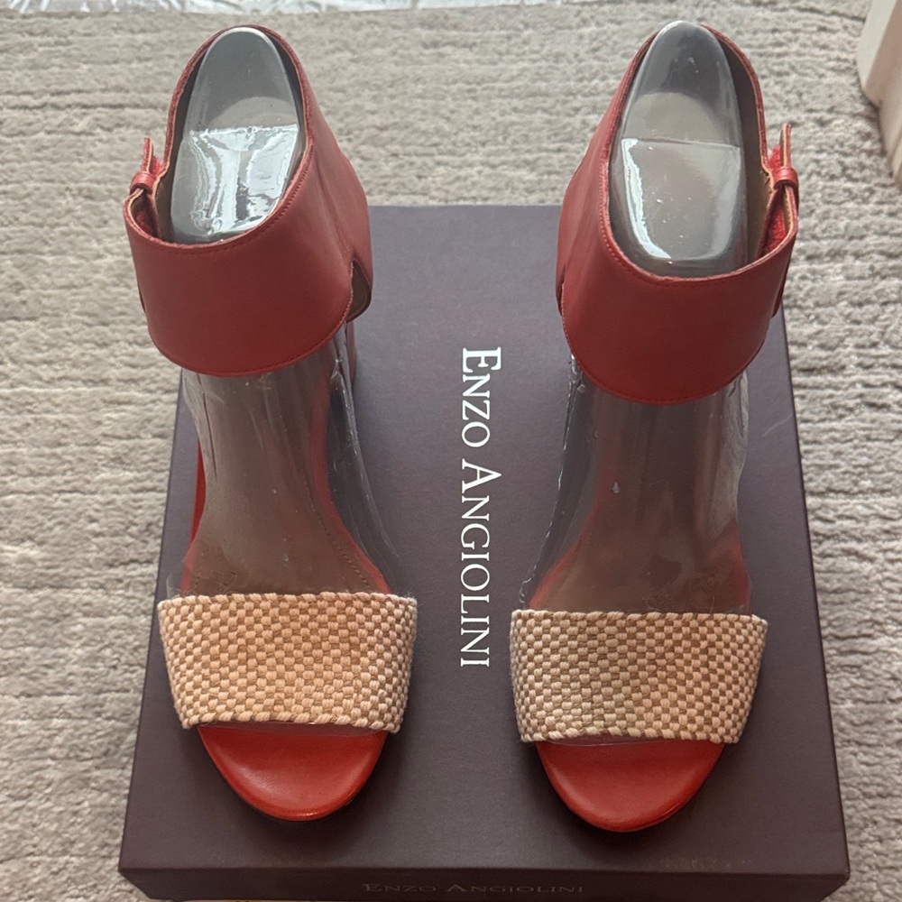 Enzo Angiolini Red and Tan Heeled Sandals